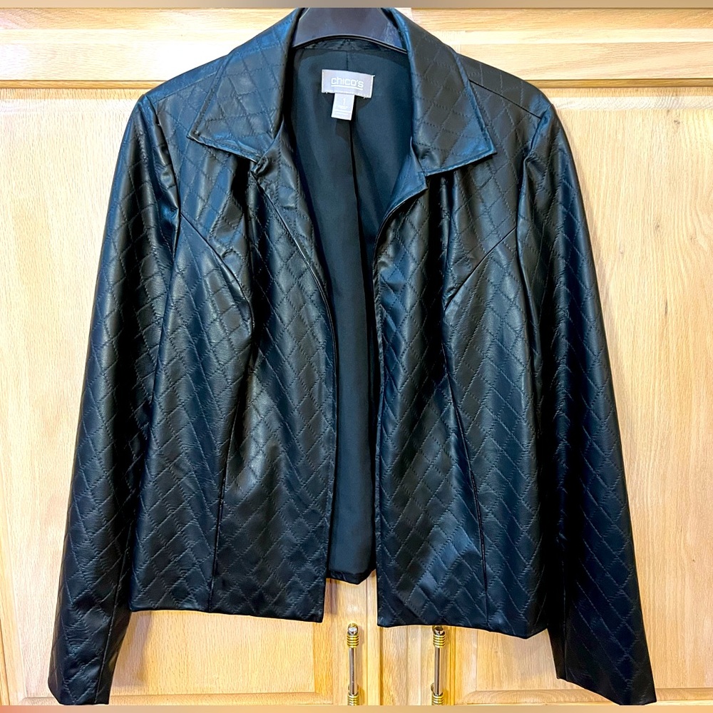 Chico’s Faux Leather Open Jacket With Pockets Quilted Black Size 1 (S/8) Women’s